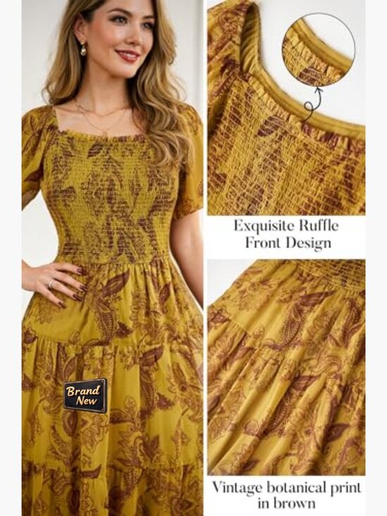 Maxi Dress Square Neck Puff Sleeve Flowy A-Line Summer Casual Boho - Picture 4 of 7